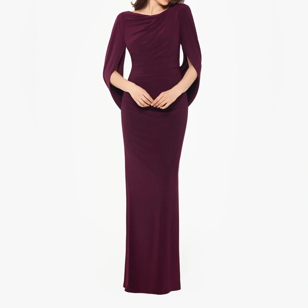 betsy adam burgundy dress Sofia Satin Drop Shoulder Floor Length Dress main image 1